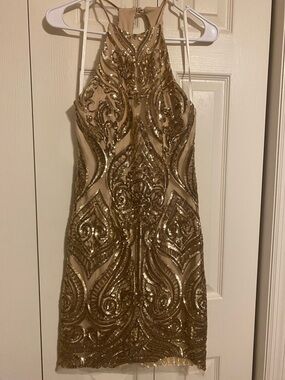 B Darlin Gold Sequin Halter Mini Dress